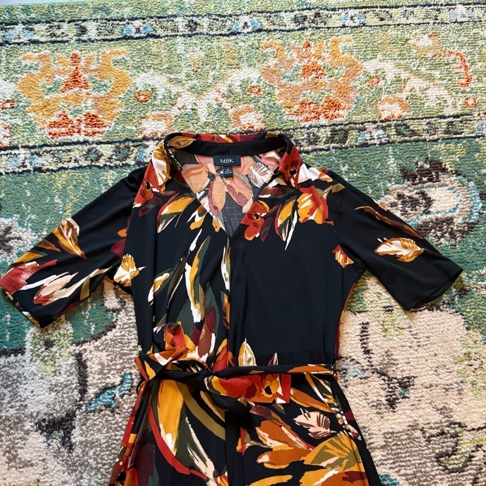 MSK Black Floral Belted Collared Midi Shirt Dress Size Medium - Picture 6 of 9